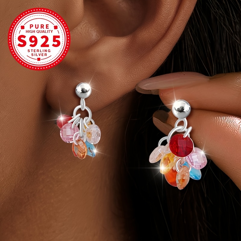 Women's S925 Colorful Round Synthetic Zirconia Stud Earrings